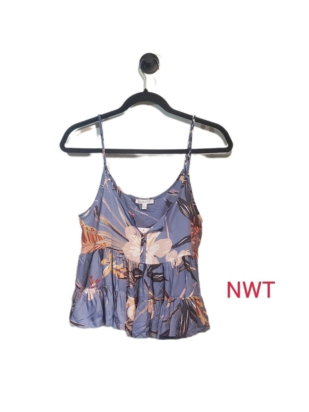 PATRONS OF PEACE Floral Print Braided Spaghetti Strap Cropped Ruffled Bl… - Picture 1 of 8